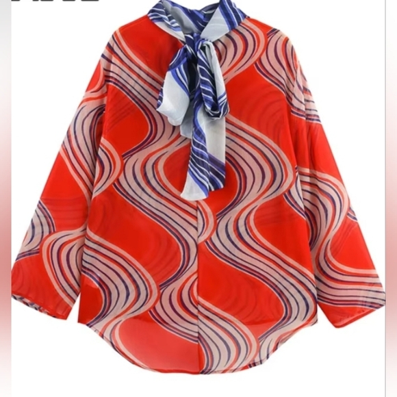 Zara Tops - Zara Red and Blue Patterned Blouse